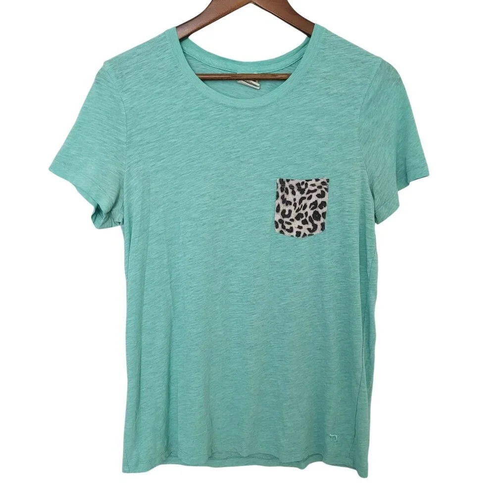 Victorias Secret Pink T-Shirt With Leopard Print Pocket Womens S Green - Picture 1 of 7